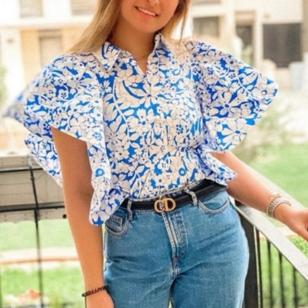 Zara Floral Printed Poplin Flutter Statement Sleeves Top Size xSmall - Picture 6 of 11